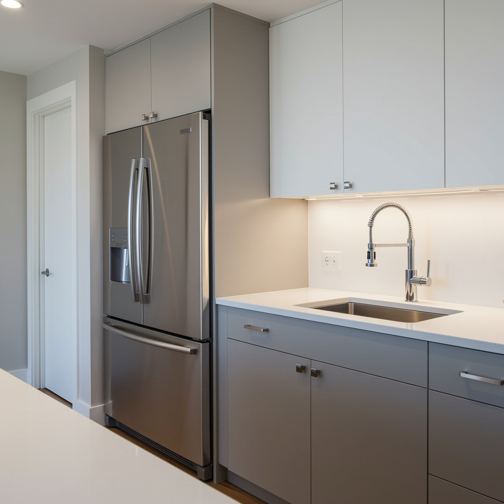 beautiful remodeled kitchen with new appliance hookups, stainless steel refrigerator, built-in dishwasher, chrome faucet, and spotless counters