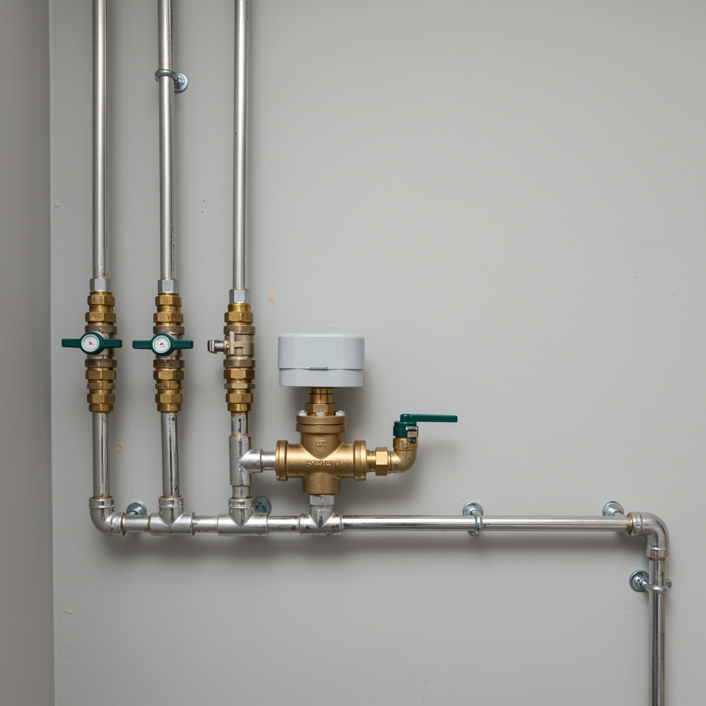 Pristine utility room showing a professionally installed backflow prevention valve on clean pipes with polished chrome fittings for plumbing backflow service