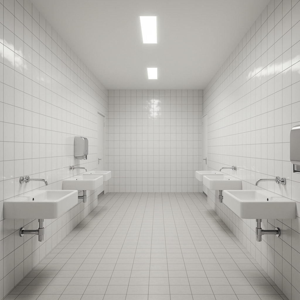modern commercial restroom with pristine tile, chrome faucets, and contemporary sinks representing commercial plumbing services