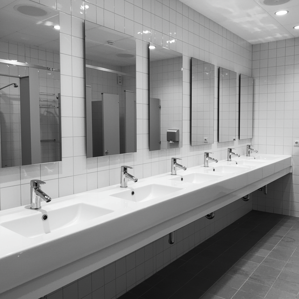 Spotless commercial restroom with modern sinks and chrome fixtures after professional plumbing installation