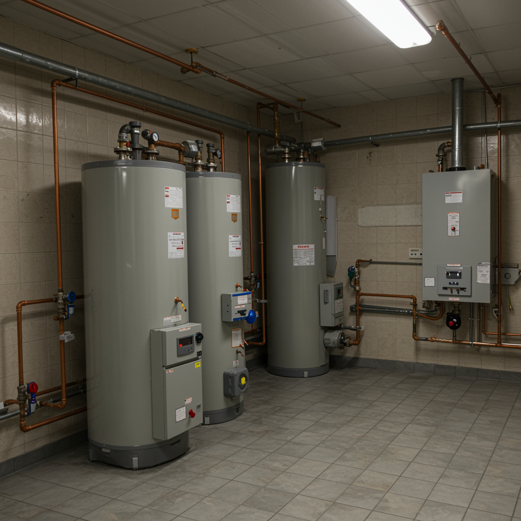 Modern commercial plumbing setup with polished water heaters and boilers in a clean utility room