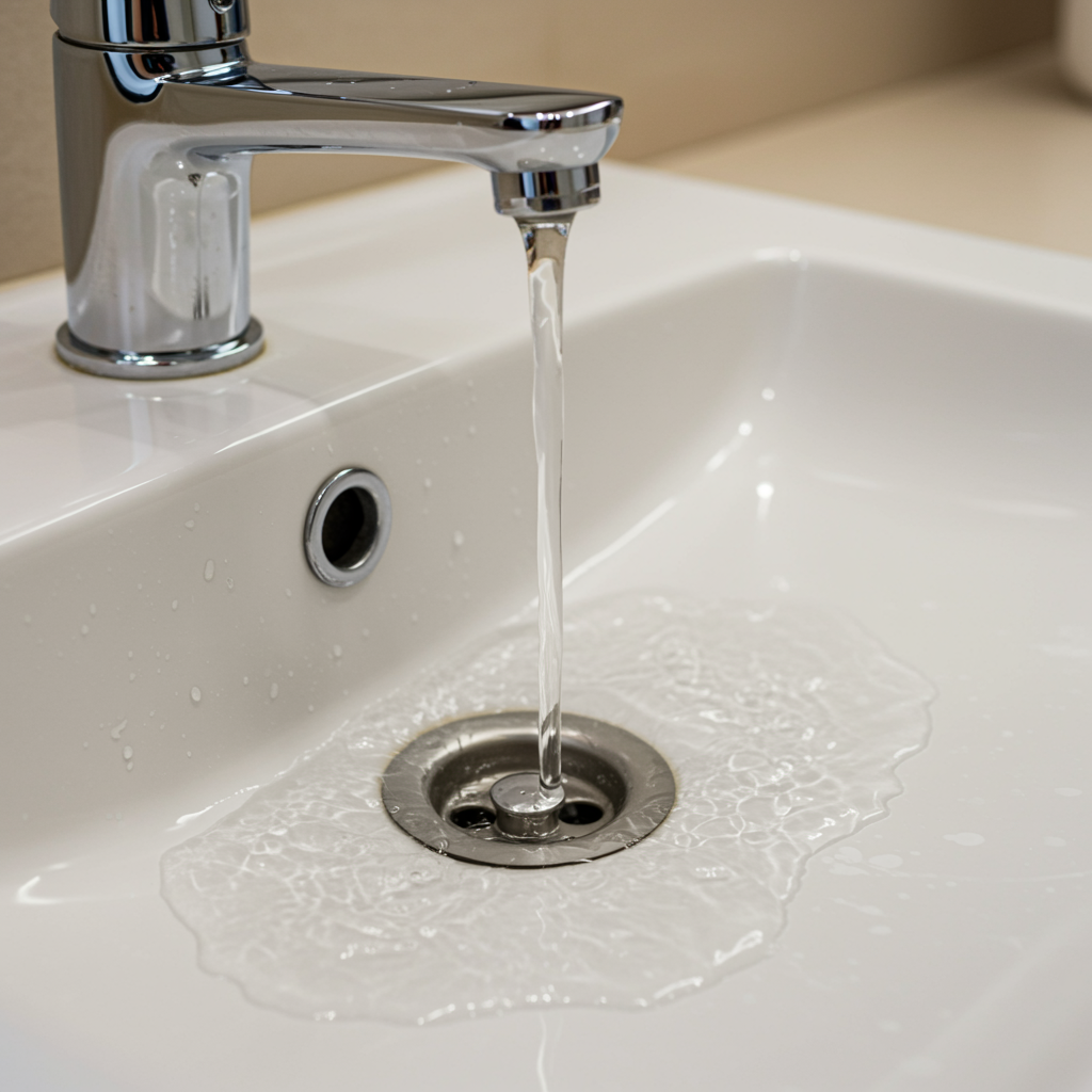 Clean white sink with clear water draining smoothly, chrome faucet and drain, representing professional drain cleaning service