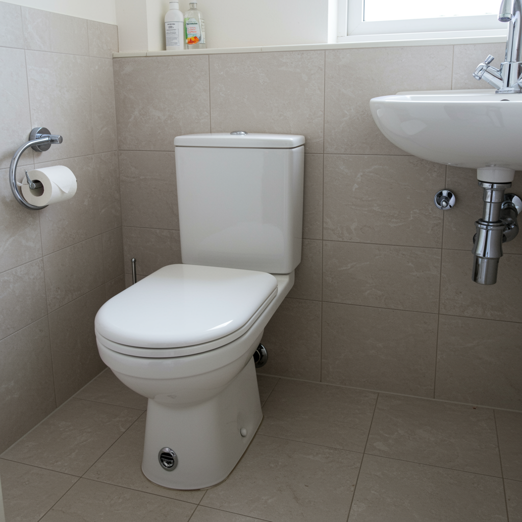 Beautiful finished bathroom with repaired toilet and new chrome fixtures after emergency plumbing service
