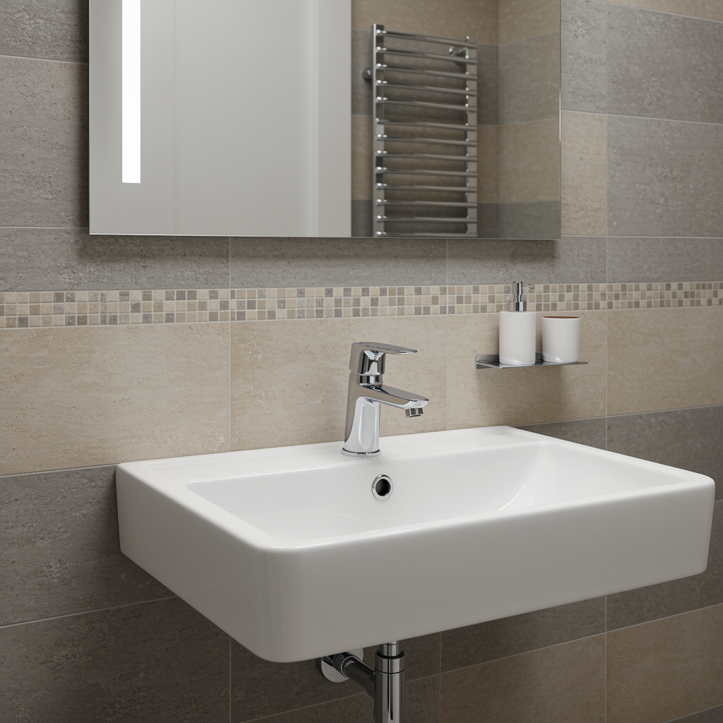 Pristine modern bathroom sink and chrome faucet installed by a plumbing professional, highlighted by warm tile accents