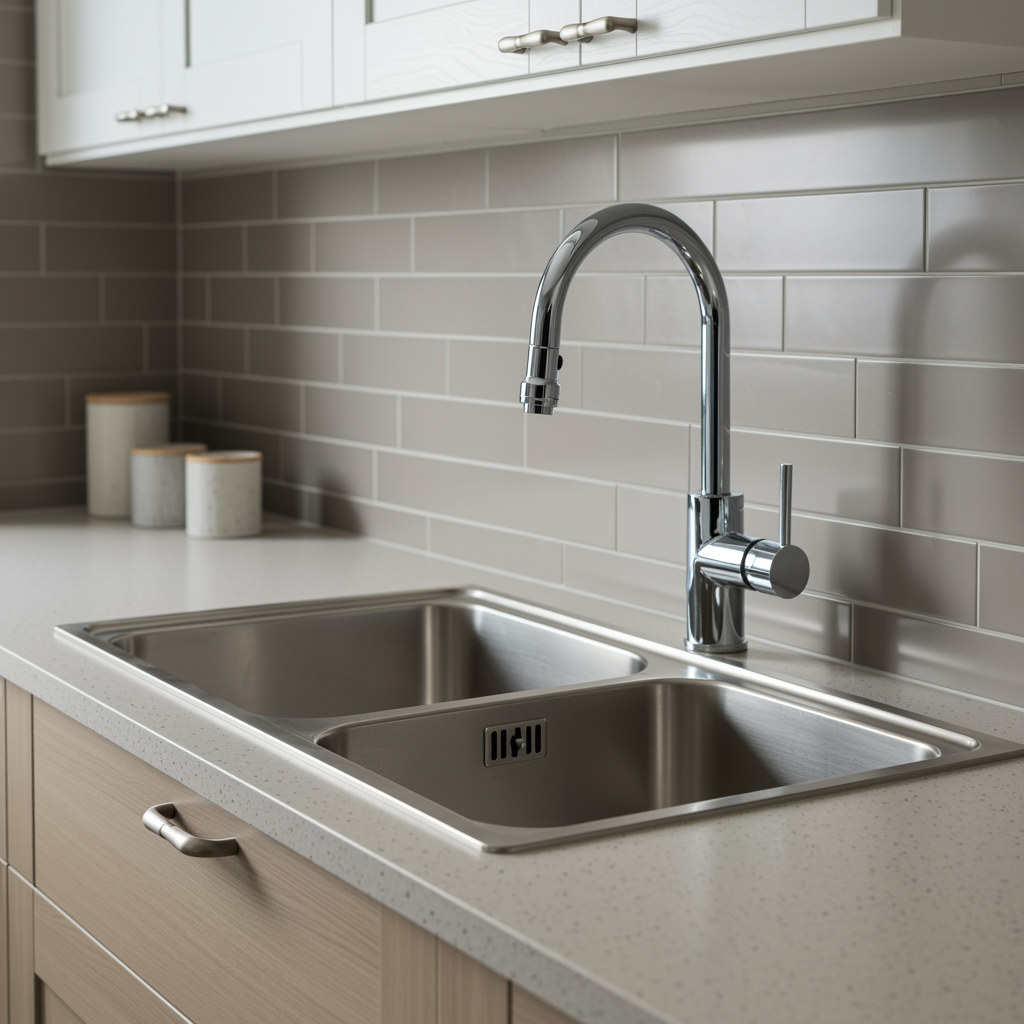 modern kitchen with a clean stainless steel sink and newly installed garbage disposal