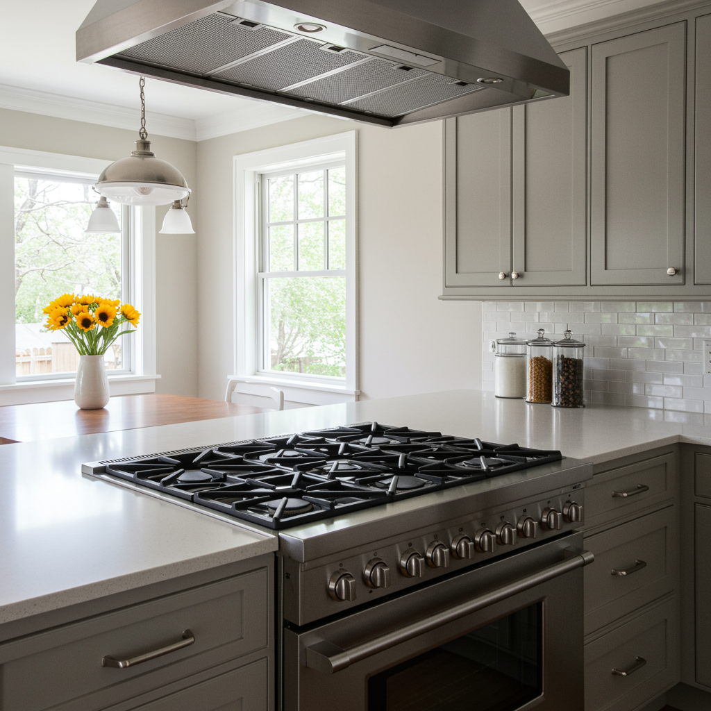 Modern kitchen with stainless steel gas stove installed, showing completed professional gas line plumbing work