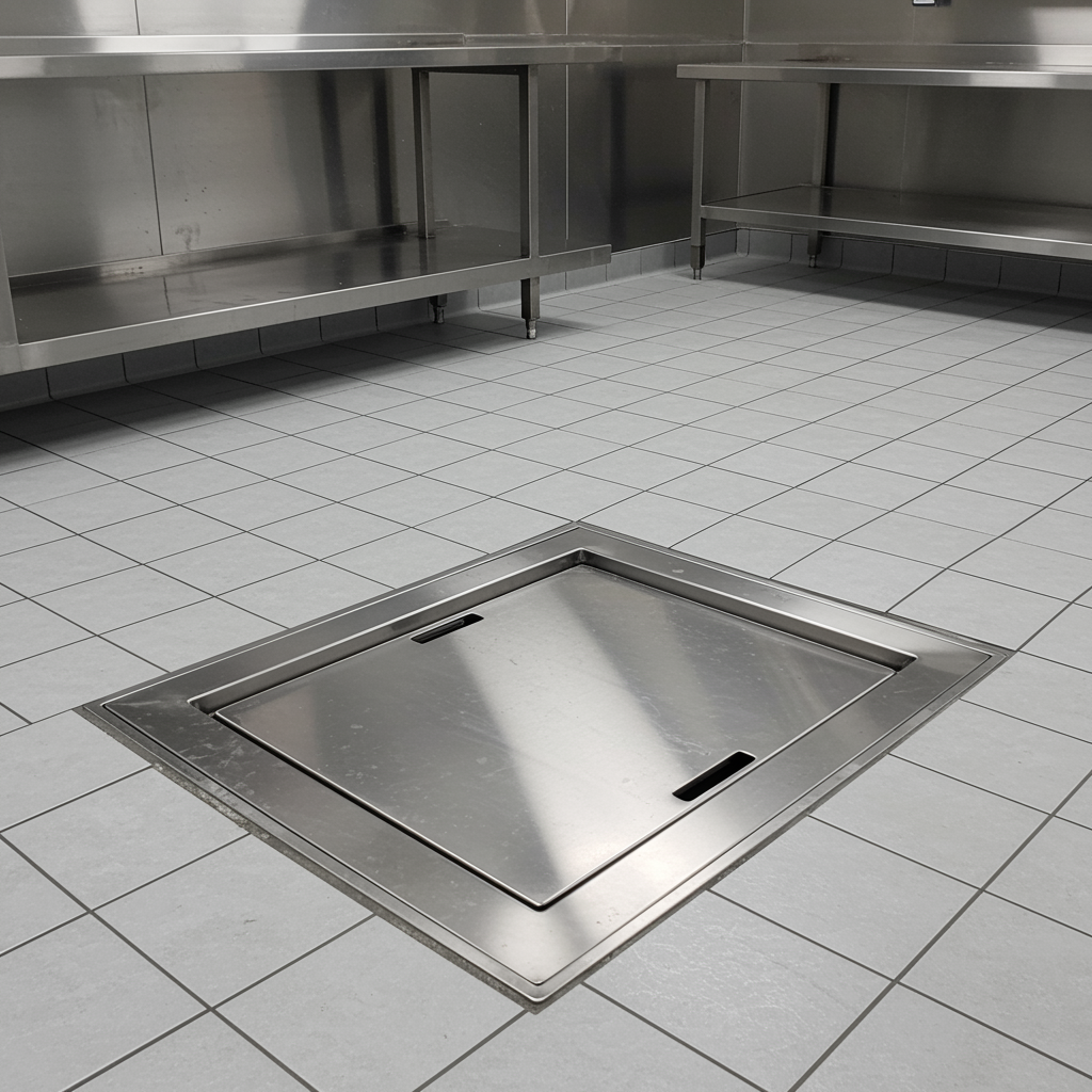 clean commercial kitchen with closed grease trap access panel and polished stainless steel surfaces