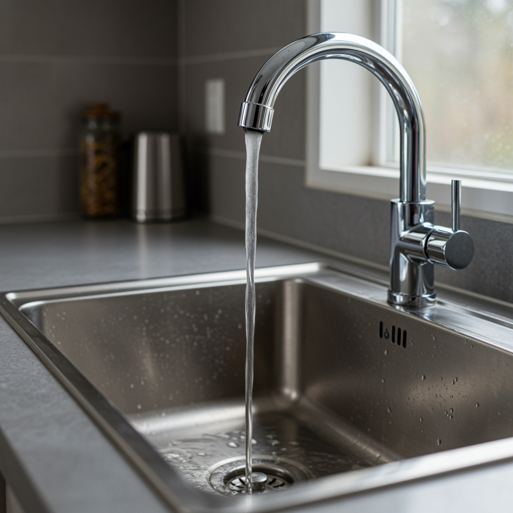 Pristine kitchen sink with water draining smoothly after hydro jetting plumbing service