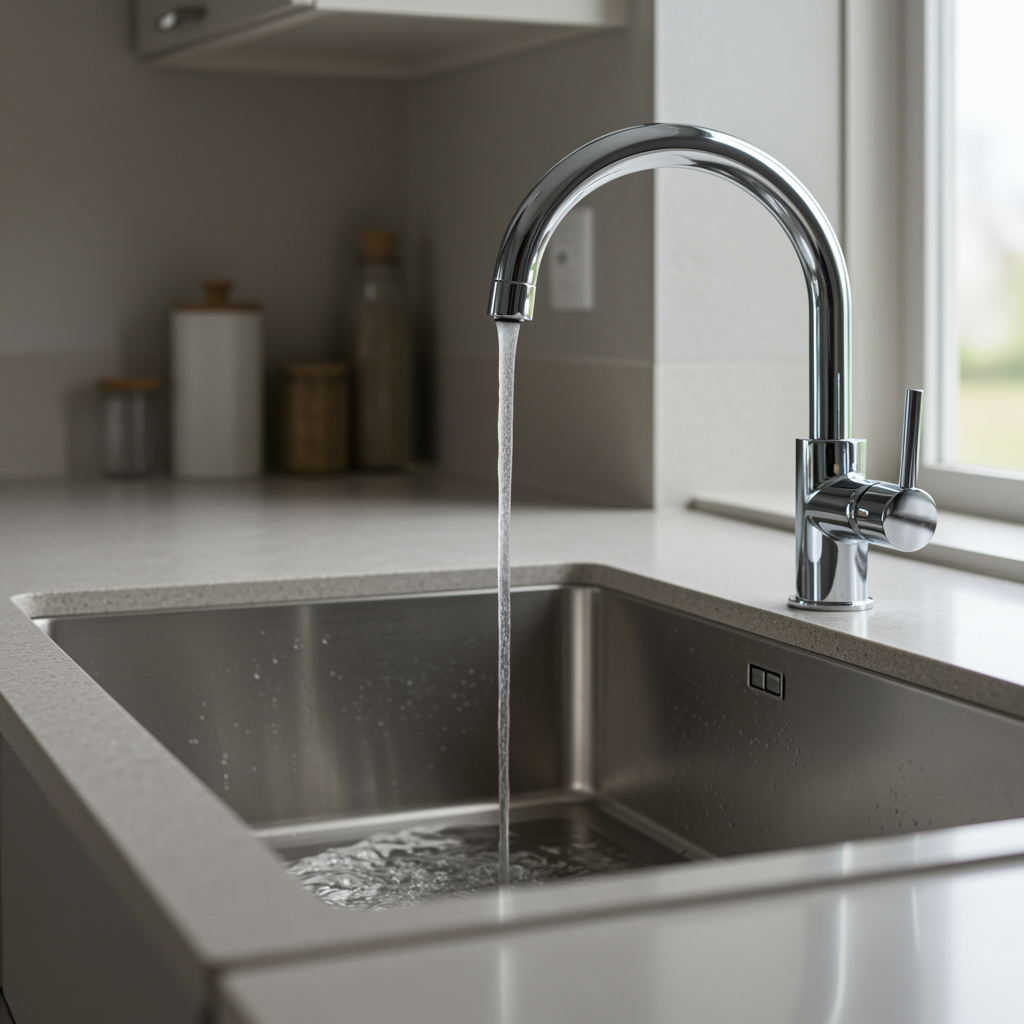 Spotless modern kitchen sink with clear water draining rapidly, demonstrating effective hydro jetting results in a plumbing system