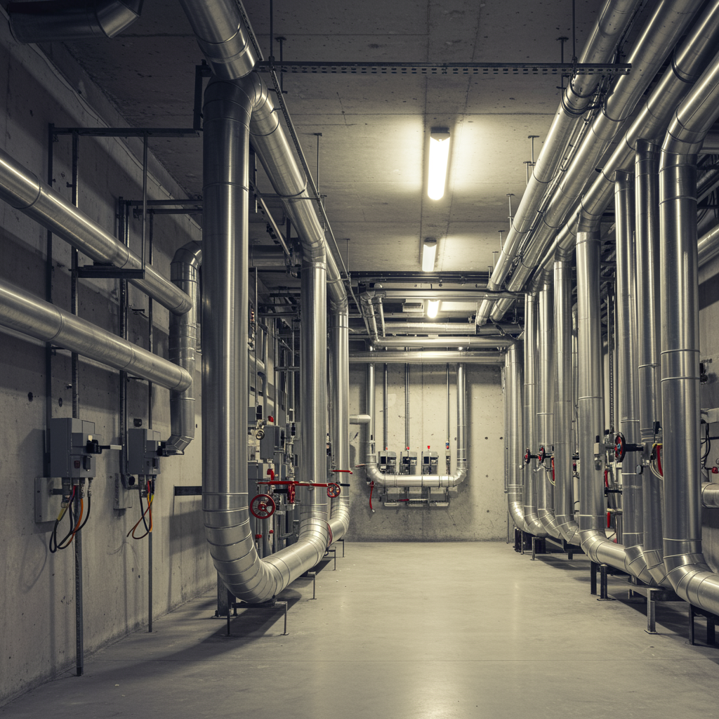 Industrial plumbing system with neat silver pipes and valves in a modern mechanical room for commercial plumbing services