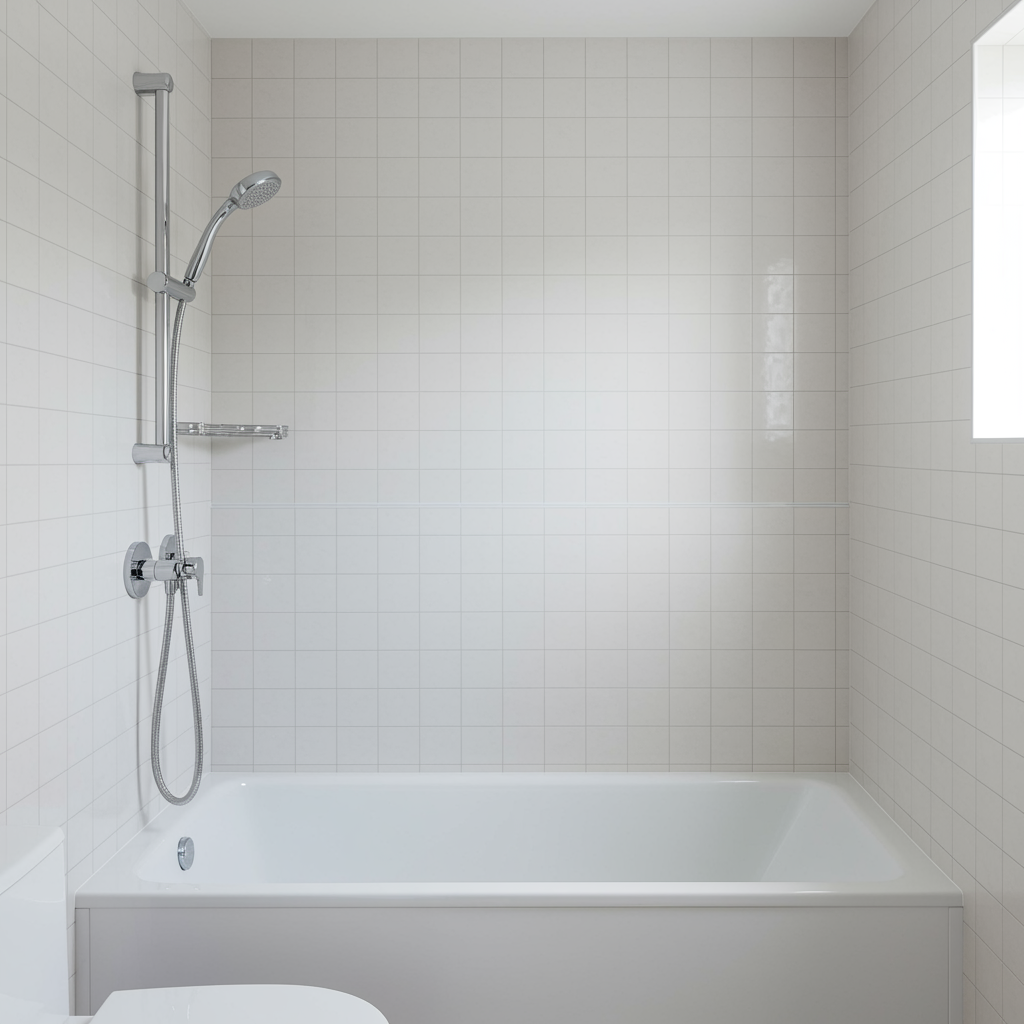 Beautiful modern bathroom with flawless shower and chrome fixtures after professional leak repair, no water stains visible