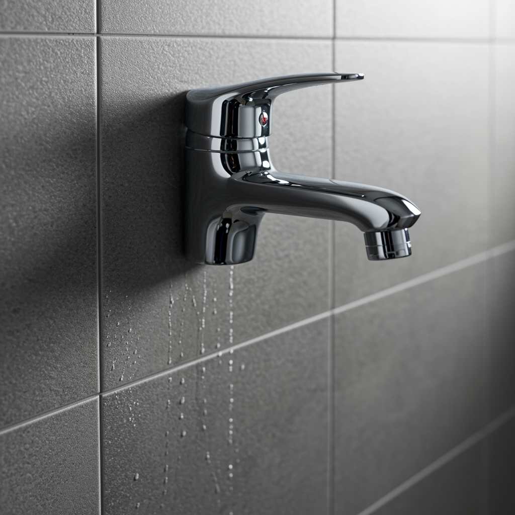 Pristine bathroom wall with chrome faucet showing completed professional leak repair, clean and finished plumbing work