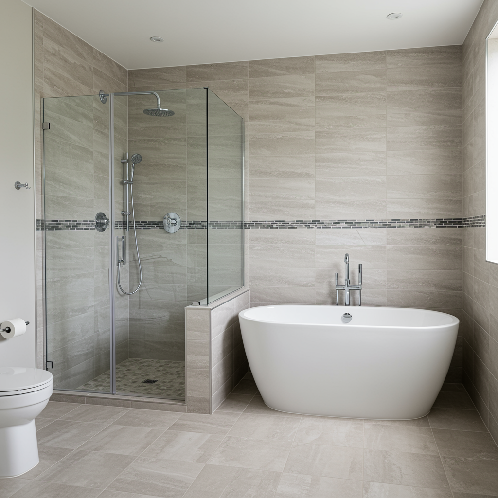 Completed new bathroom with modern plumbing fixtures including a glass shower and bathtub for new construction plumbing service