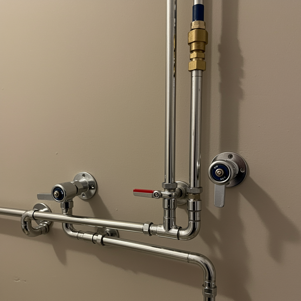 professionally installed plumbing pipes with polished chrome fittings against a clean wall for pipe repair and repiping service
