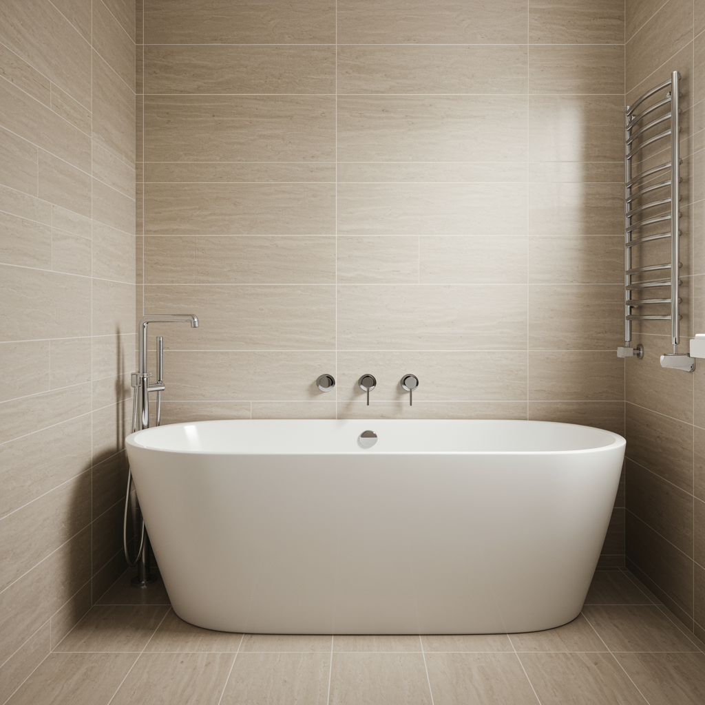 Pristine modern bathroom with clean white bathtub and chrome faucet showcasing results of professional preventative plumbing maintenance