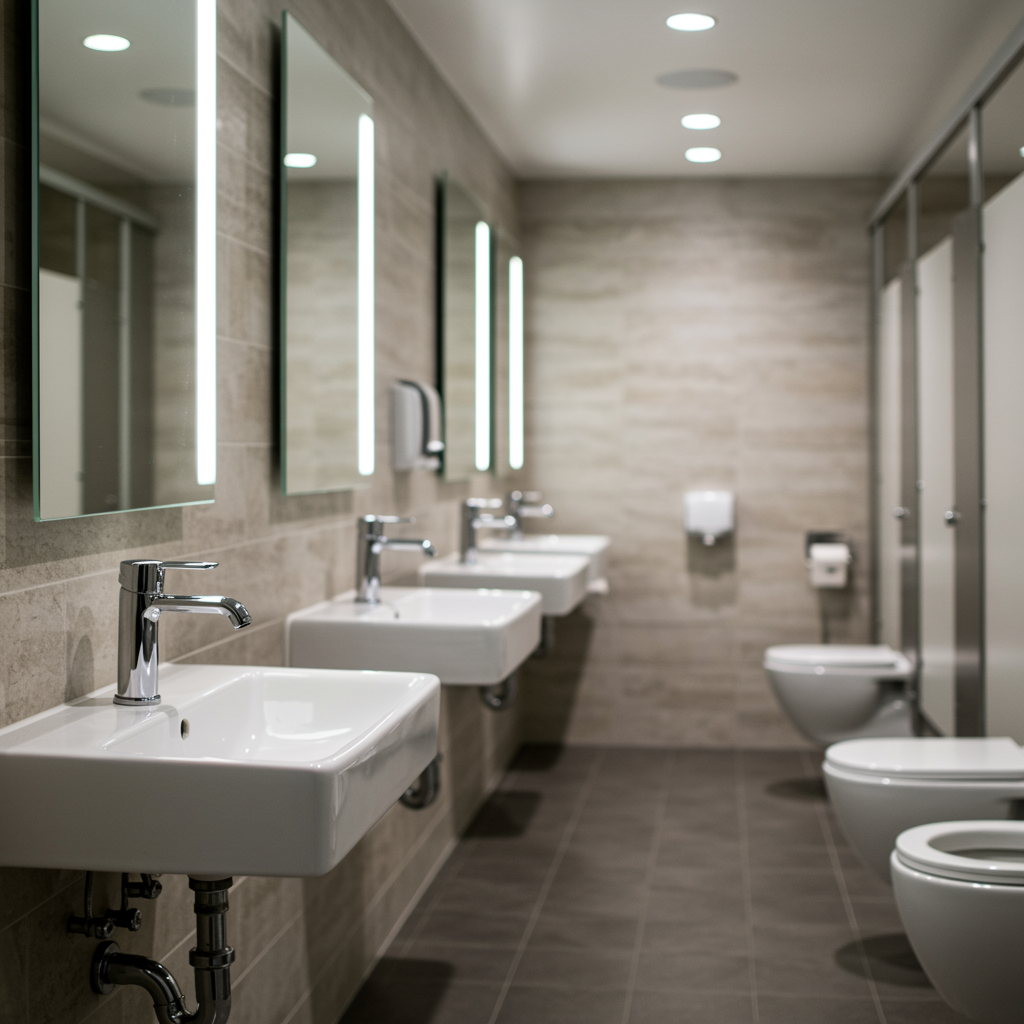 Clean commercial restroom with modern sinks and toilets, showcasing professional restroom plumbing installation