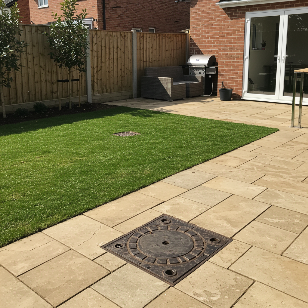 Beautiful backyard with new sewer line access covers and pristine landscaping after professional plumbing repair