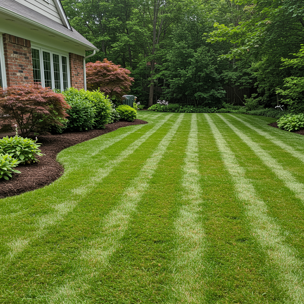 Beautifully finished residential yard after sewer line replacement showing seamless lawn restoration and clean foundation area with no signs of recent plumbing work
