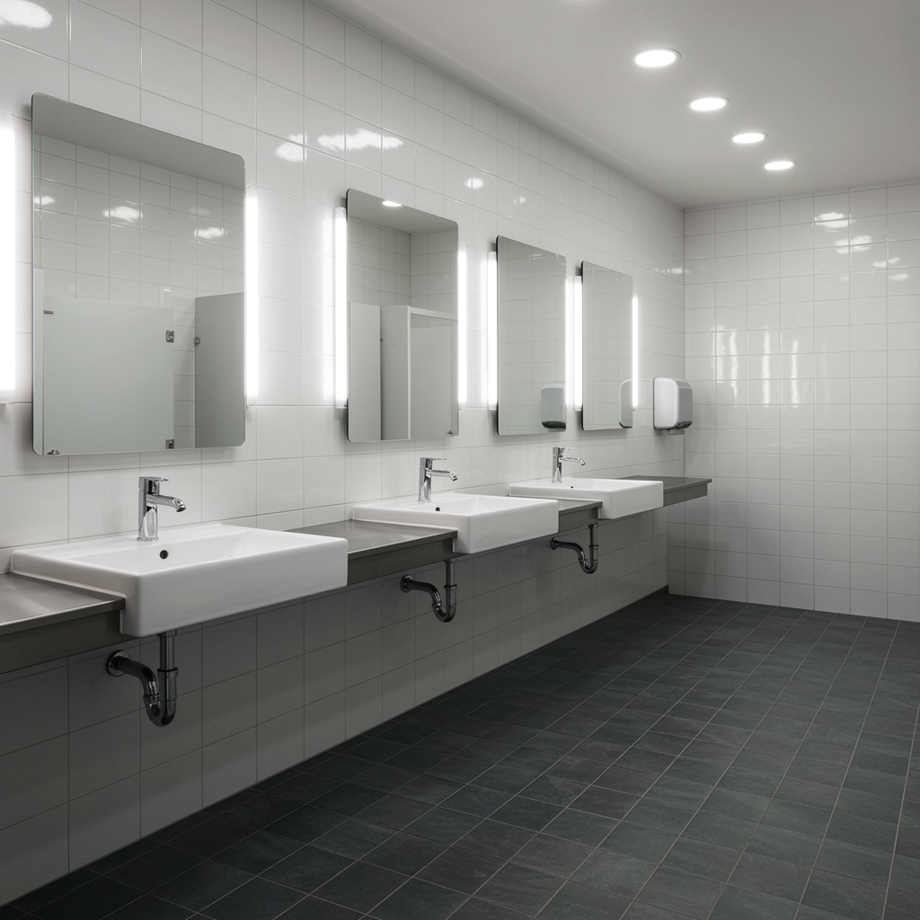 Completed commercial restroom featuring modern white sinks and chrome plumbing fixtures after a tenant improvement plumbing service
