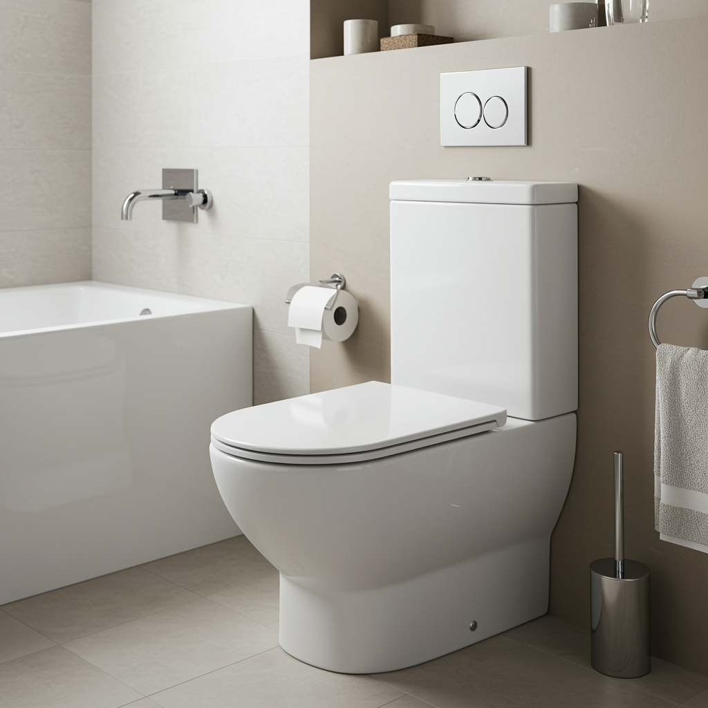 Modern bathroom with pristine white toilet and chrome handle, shown after professional toilet installation by a plumbing service