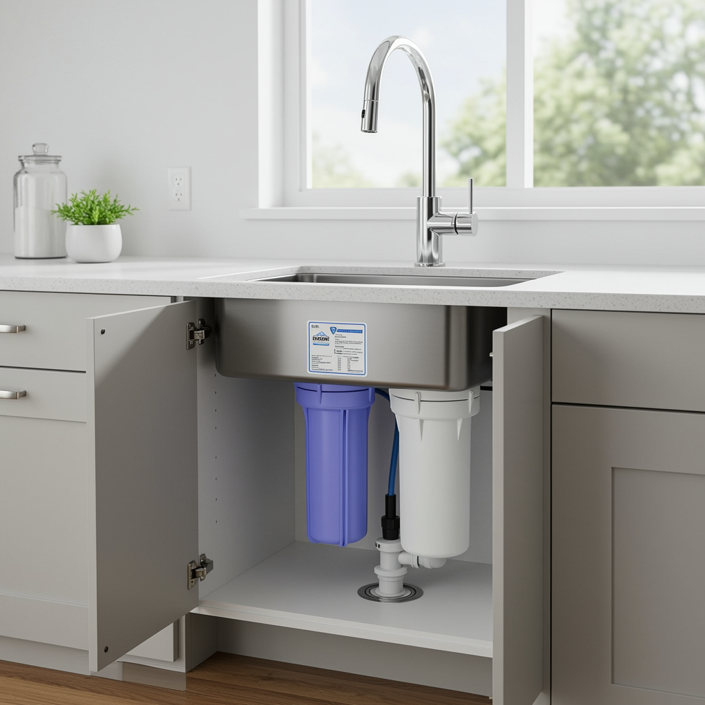 under-sink water filtration and softener system installed in a modern kitchen with chrome faucet and clean cabinetry
