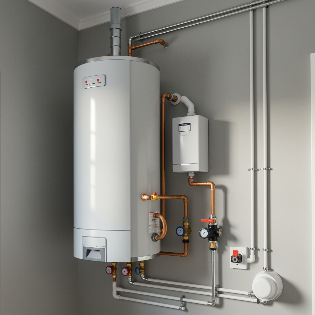 newly installed modern water heater in a clean utility room with organized chrome pipes, representing professional plumbing services