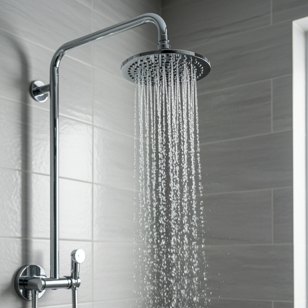 modern bathroom shower with balanced water flow from chrome rain showerhead, clean white tiles and gray accents, representing resolved water pressure issues